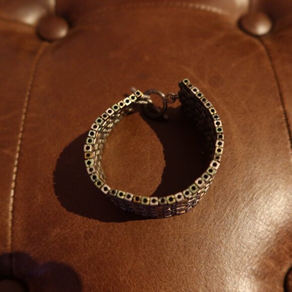 $80 cube bead artisan bracelet blue green grey silver toggle closure - Picture 4 of 12